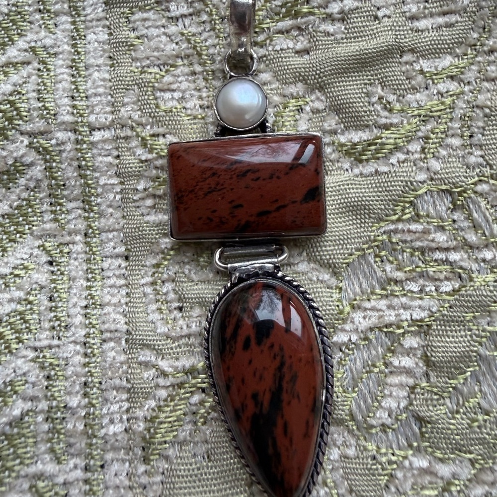 Mahogany Obsidian & freshwater Pearl Sterling Silver Pendant